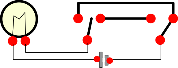 Circuit with bulb, battery, 2 switches, and 5 wires
