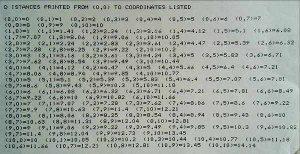 Print out distances from 0,0